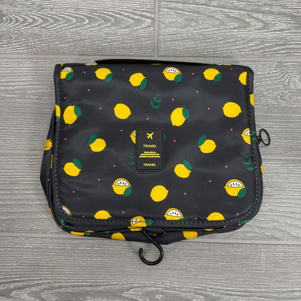 Hanging Cosmetic Toiletry Travel Vacation Bag Black Yellow Lemons Citrus Pattern